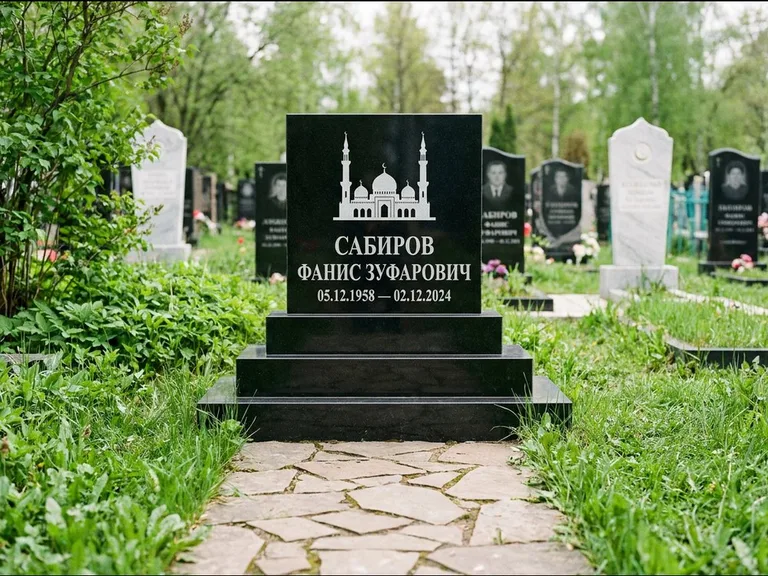 Мусульманский памятник с гравировкой мечети: ступенчатая трёхуровневая стела — золочёная гравировка мечети, дорожка из природного плитняка, работа «Юсупов» в Санкт-Петербурге