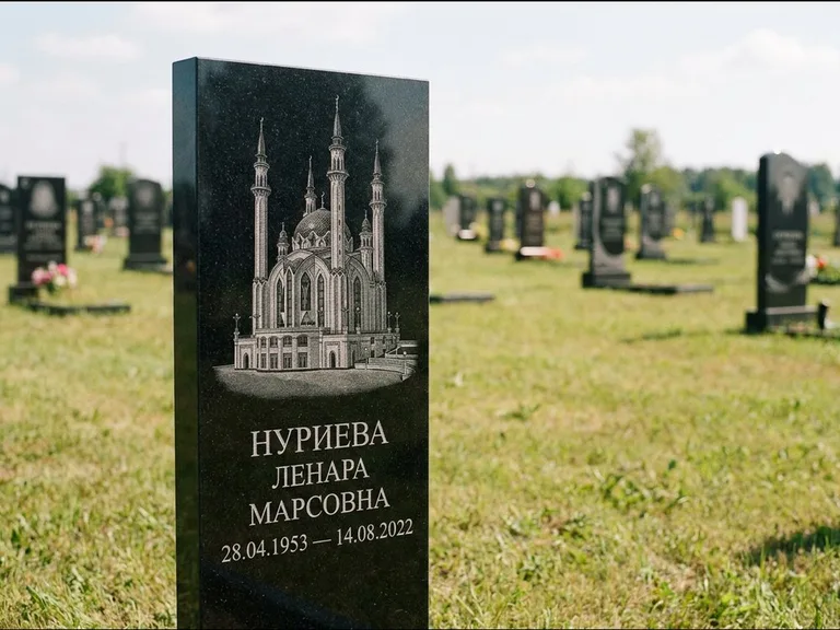 Мусульманский памятник с гравировкой мечети: узкая вертикальная стела-пилон — гравировка мечети в михраб-арке с орнаментом, открытая лужайка без ограды, работа «Хайруллина» в Санкт-Петербурге