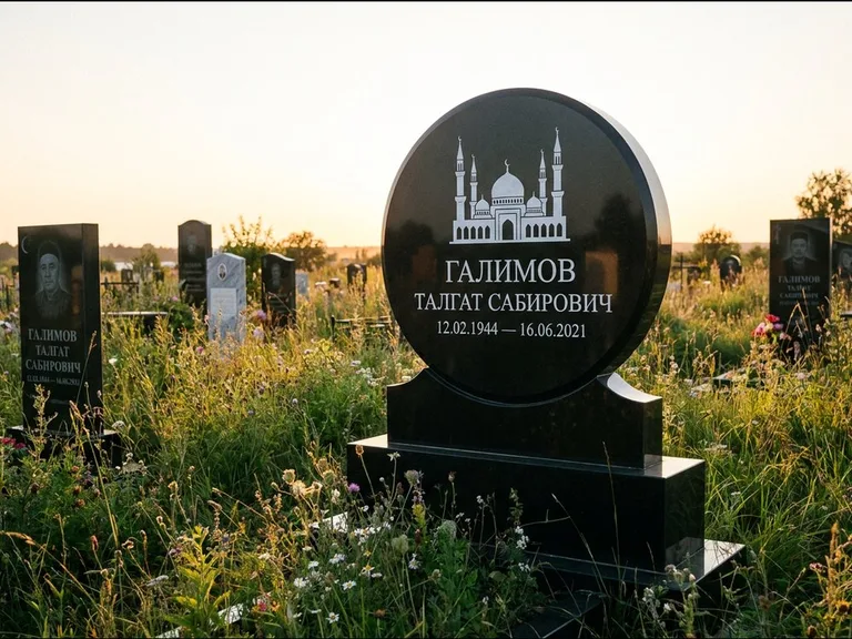 Мусульманский памятник с гравировкой мечети: округлая стела-медальон на тумбе — гравировка мечети в михраб-арке с орнаментом, луговые травы и полевые цветы, работа «Каримов» в Санкт-Петербурге