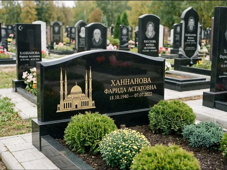 Мусульманский памятник с гравировкой мечети: вытянутая горизонтальная семейная стела с аркой — белая гравировка силуэта мечети с минаретами, участок с декоративными кустами, работа «Гарипова» в Санкт-Петербурге