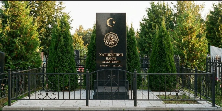 Гравировка на мусульманском памятнике в Санкт-Петербурге — стела из чёрного гранита, оформление по канонам ислама