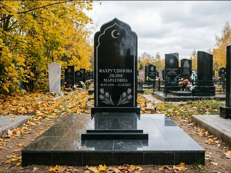 Мусульманский памятник: стела с михраб-навершием в форме арки — гравировка минарета с полумесяцем, гранитный цоколь с тёмной плиткой, работа «Фахрутдинова» в Санкт-Петербурге