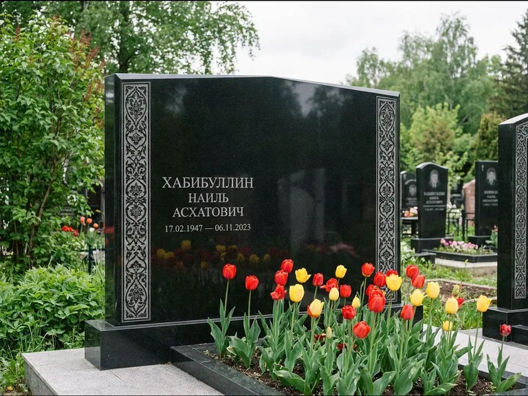 Мусульманский памятник: широкая двойная семейная стела — золочёная гравировка мечети, цветник с тюльпанами, работа «Хабибуллин» в Санкт-Петербурге
