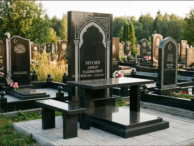Мусульманский памятник: стела с гранитным столиком и скамьёй — гравировка мечети под полумесяцем и звёздами, семейный участок с плиткой, работа «Гимаев» в Санкт-Петербурге