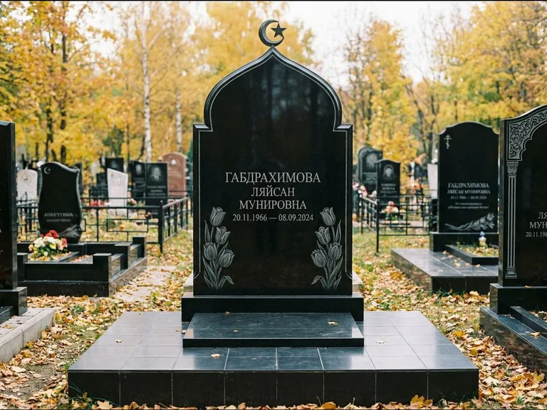 Мусульманский памятник: массивная стела с михраб-навершием — белая гравировка силуэта мечети с минаретами, цоколь тёмной плиткой, работа «Магомедова» в Санкт-Петербурге