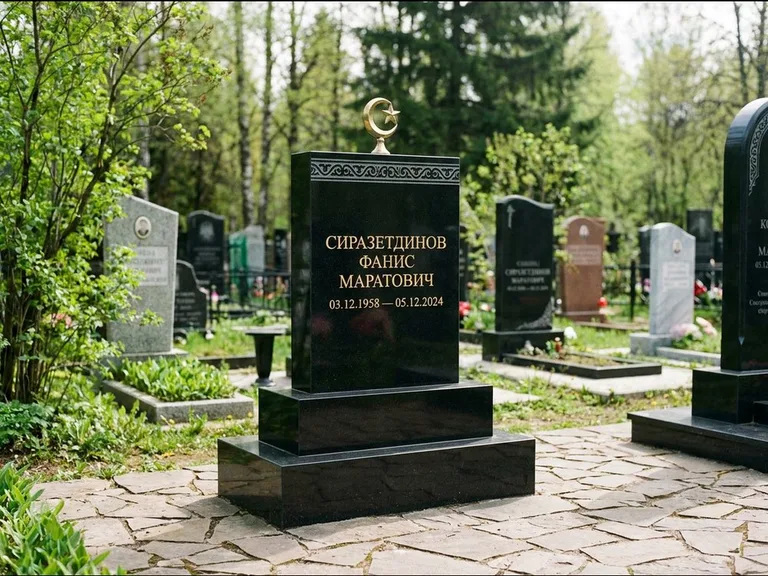 Мусульманский памятник: ступенчатая трёхуровневая стела — золочёная гравировка мечети, дорожка из природного плитняка, работа «Мустафин» в Санкт-Петербурге