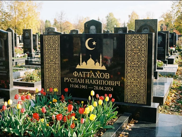 Мусульманский памятник: широкая панорамная стела с золочёным орнаментом — гравировка минарета с полумесяцем, цветник с тюльпанами, работа «Сулейманов» в Санкт-Петербурге