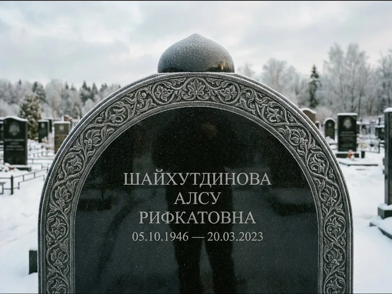 Мусульманский памятник: полукруглая стела с купольным навершием — гравировка мечети под полумесяцем и звёздами, заснеженный зимний участок, работа «Ганиева» в Санкт-Петербурге