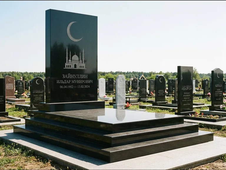 Мусульманский памятник: массивная стела на ступенчатом постаменте — гравировка мечети под полумесяцем и звёздами, гранитная площадка без ограды, работа «Хабибуллин» в Санкт-Петербурге