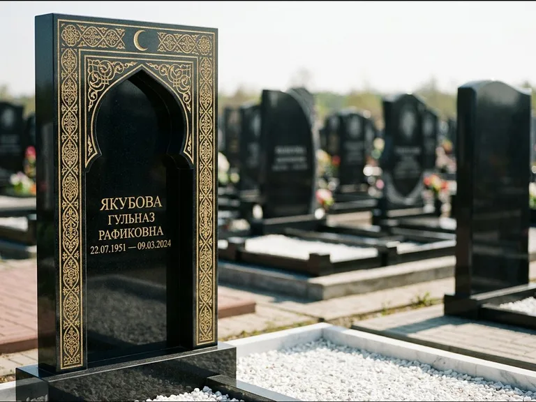 Мусульманский памятник: стела в форме михраба с глубокой нишей и золочёным орнаментом — детализированная гравировка мечети Кул-Шариф, участок с белой мраморной крошкой, работа «Мустафин» в Санкт-Петербурге