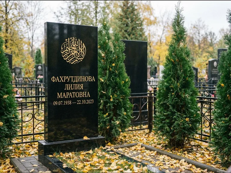 Мусульманский памятник — шахада в верхней части стелы, работа «Фахрутдинова» в Санкт-Петербурге