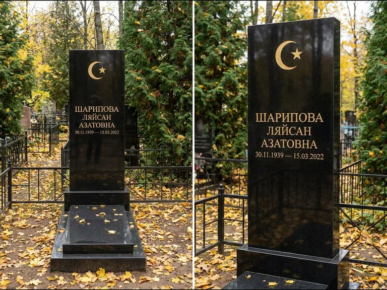 Памятник с гравировкой полумесяца — золочёная гравировка полумесяца со звездой в верхней части с, работа «Шарипова» в Санкт-Петербурге