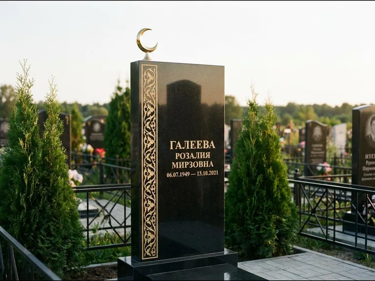 Памятник с гравировкой полумесяца — золочёный полумесяц и колонна растительного орнамента-ислими, работа «Галеева» в Санкт-Петербурге