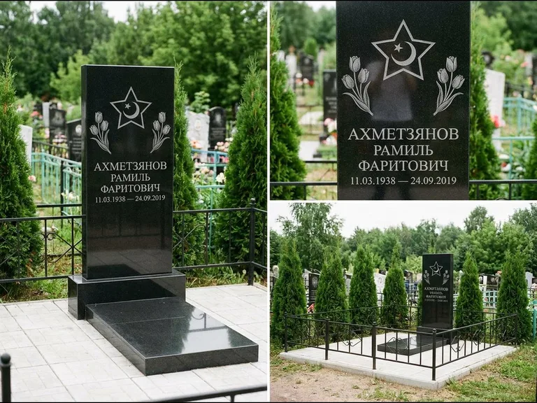 Памятник с гравировкой полумесяца — гравировка полумесяца со звездой и тюльпанами по бокам, работа «Ахметзянов» в Санкт-Петербурге