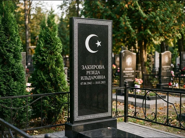 Памятник с гравировкой полумесяца — строгая белая гравировка полумесяца со звездой и орнаменталь, работа «Закирова» в Санкт-Петербурге