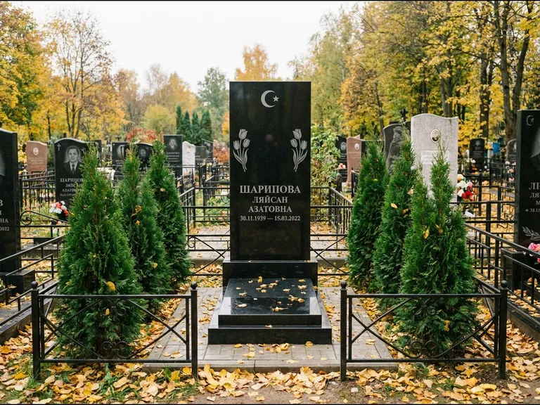 Памятник с гравировкой полумесяца — гравировка полумесяца со звездой и тюльпанами по бокам, работа «Шарипова» в Санкт-Петербурге