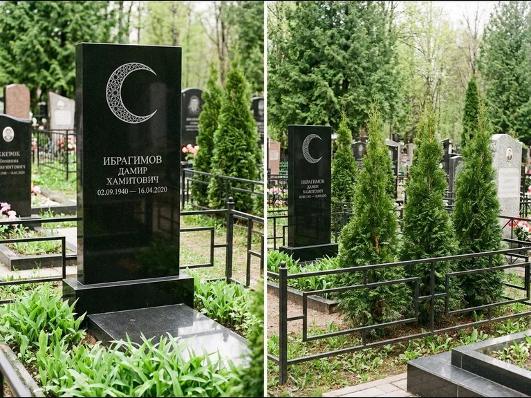 Памятник с гравировкой полумесяца — гравировка полумесяца в геометрическом орнаменте-гирихе, работа «Ибрагимов» в Санкт-Петербурге