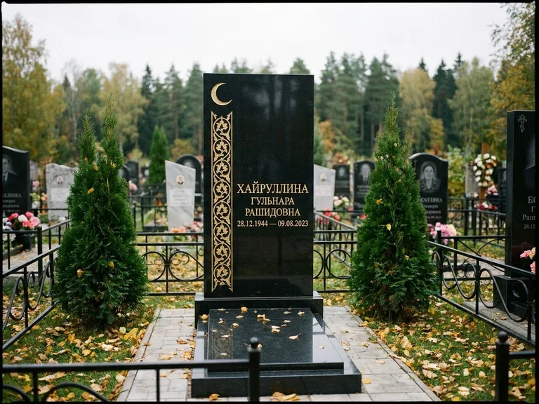 Памятник с гравировкой полумесяца — золочёный полумесяц и колонна растительного орнамента-ислими, работа «Хайруллина» в Санкт-Петербурге