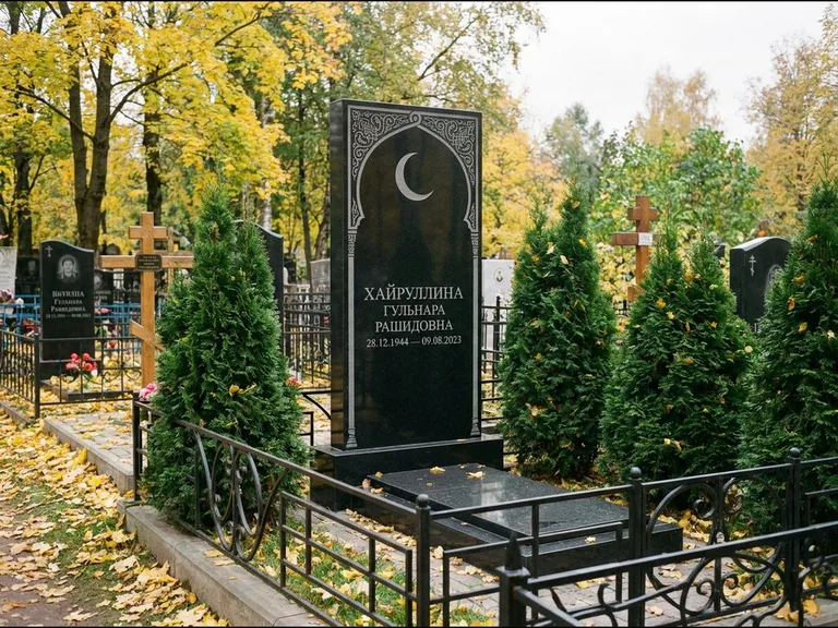 Памятник с гравировкой полумесяца — гравировка полумесяца в восточной арке с орнаментом, работа «Хайруллина» в Санкт-Петербурге