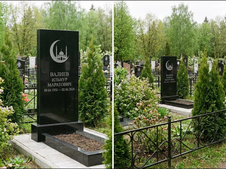 Памятник с гравировкой полумесяца — гравировка полумесяца над силуэтом мечети, работа «Валиев» в Санкт-Петербурге
