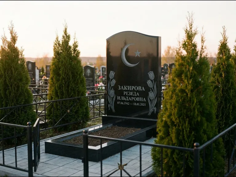 Памятник с гравировкой полумесяца — гравировка полумесяца со звездой и тюльпанами по бокам, работа «Закирова» в Санкт-Петербурге