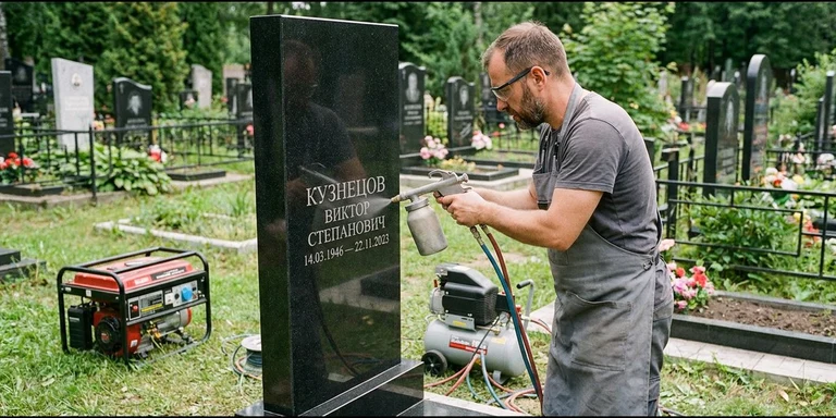 Гравировка на памятнике с выездом на кладбище в Санкт-Петербурге — мастер гравирует установленный памятник