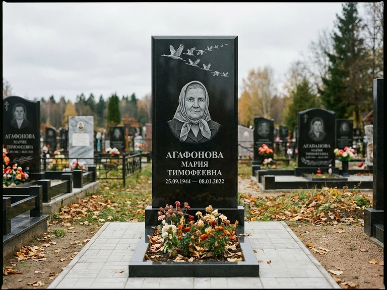 Гравировка журавлей на памятник в Санкт-Петербурге — памятник из чёрного гранита с гравировкой