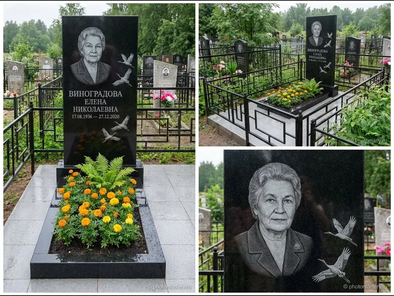 Памятник с гравировкой журавлей — гравировка трёх журавлей по диагонали через свободное поле с, работа «Виноградова» в Санкт-Петербурге