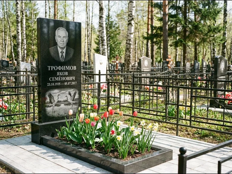 Памятник с гравировкой журавлей — гравировка пары журавлей над гладью озера в нижней части, работа «Трофимов» в Санкт-Петербурге