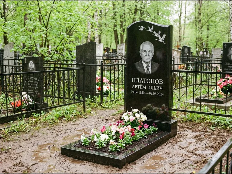 Памятник с гравировкой журавлей — белая гравировка клина журавлей, уходящего в верхний угол ст, работа «Платонов» в Санкт-Петербурге