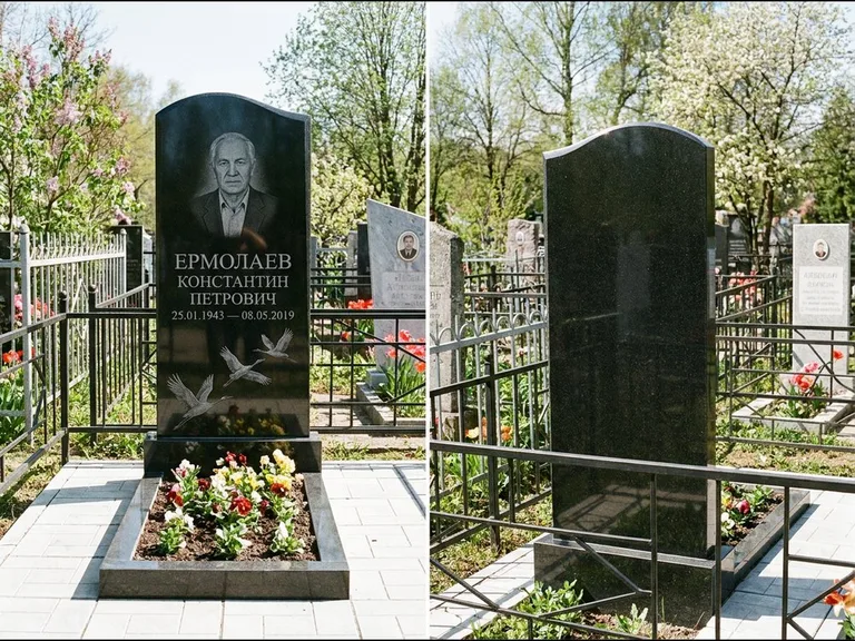 Памятник с гравировкой журавлей — гравировка трёх журавлей по диагонали через свободное поле с, работа «Ермолаев» в Санкт-Петербурге