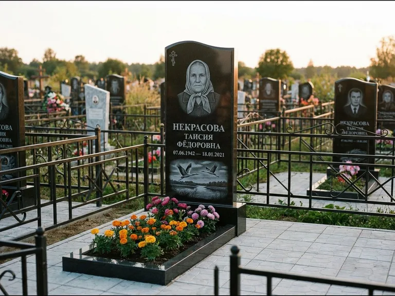 Памятник с гравировкой журавлей — гравировка пары журавлей над гладью озера в нижней части, работа «Некрасова» в Санкт-Петербурге