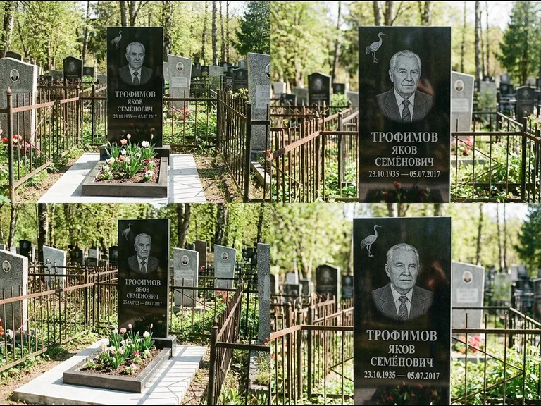 Памятник с гравировкой журавлей — гравировка одиночного летящего журавля над портретом, работа «Трофимов» в Санкт-Петербурге