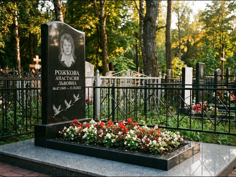 Памятник с гравировкой журавлей — гравировка трёх журавлей по диагонали через свободное поле с, работа «Рожкова» в Санкт-Петербурге
