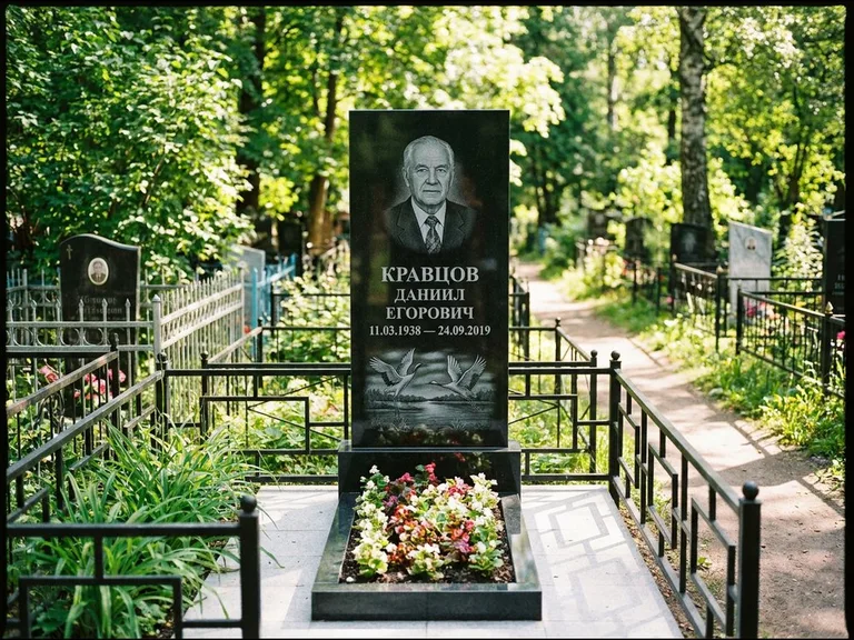 Памятник с гравировкой журавлей — гравировка пары журавлей над гладью озера в нижней части, работа «Кравцов» в Санкт-Петербурге
