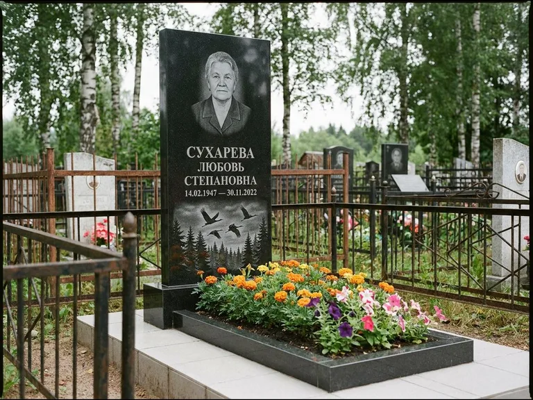 Памятник с гравировкой журавлей — гравировка силуэтов журавлей над еловым лесом, работа «Сухарева» в Санкт-Петербурге