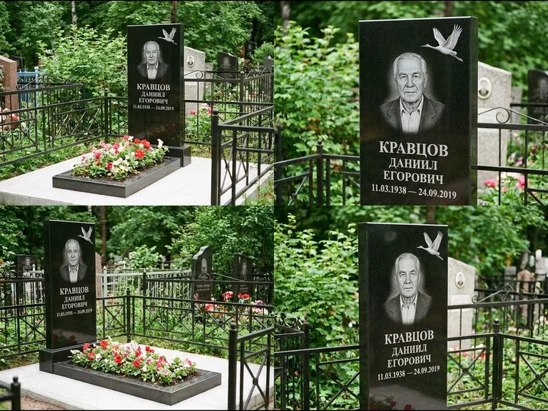 Памятник с гравировкой журавлей — белая гравировка клина журавлей, уходящего в верхний угол ст, работа «Кравцов» в Санкт-Петербурге