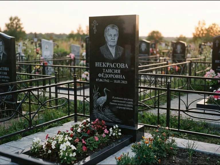 Памятник с гравировкой журавлей — гравировка журавля у камышей рядом с эпитафией, работа «Некрасова» в Санкт-Петербурге