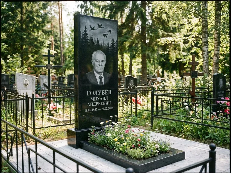 Памятник с гравировкой журавлей — гравировка силуэтов журавлей над еловым лесом, работа «Голубев» в Санкт-Петербурге