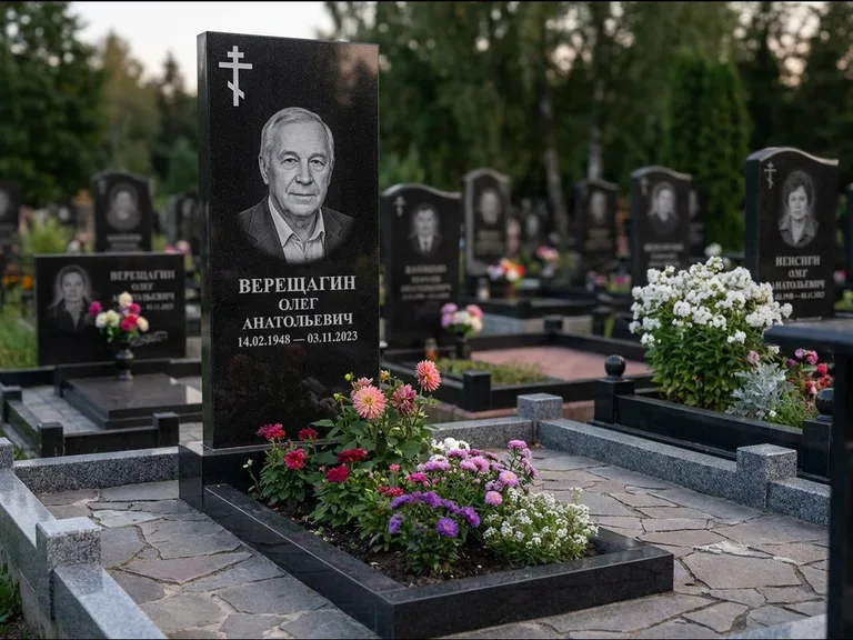 Памятник из чёрного гранита — горизонтальная плита-стела с православным восьмиконечным крестом, работа «Тихонов» в Санкт-Петербурге