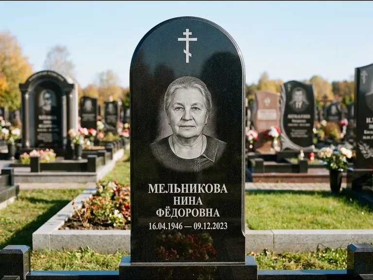 Памятник из чёрного гранита — стела с резным навершием с латинским крестом, работа «Савельева» в Санкт-Петербурге