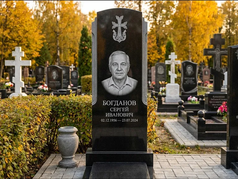 Памятник из чёрного гранита — круглая стела-медальон с армянским хачкаром, работа «Ковалёв» в Санкт-Петербурге
