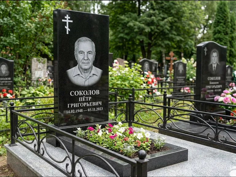 Памятник из чёрного гранита — стела с арочным верхом с православным восьмиконечным крестом, работа «Ковалёв» в Санкт-Петербурге
