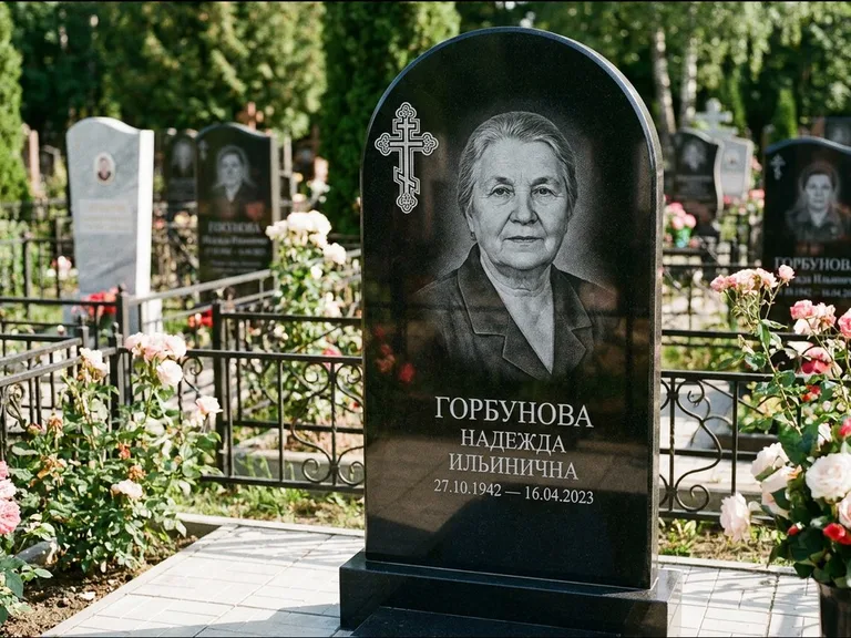 Памятник из чёрного гранита — стела с боковой колонной с крестом в лучах, работа «Мельникова» в Санкт-Петербурге