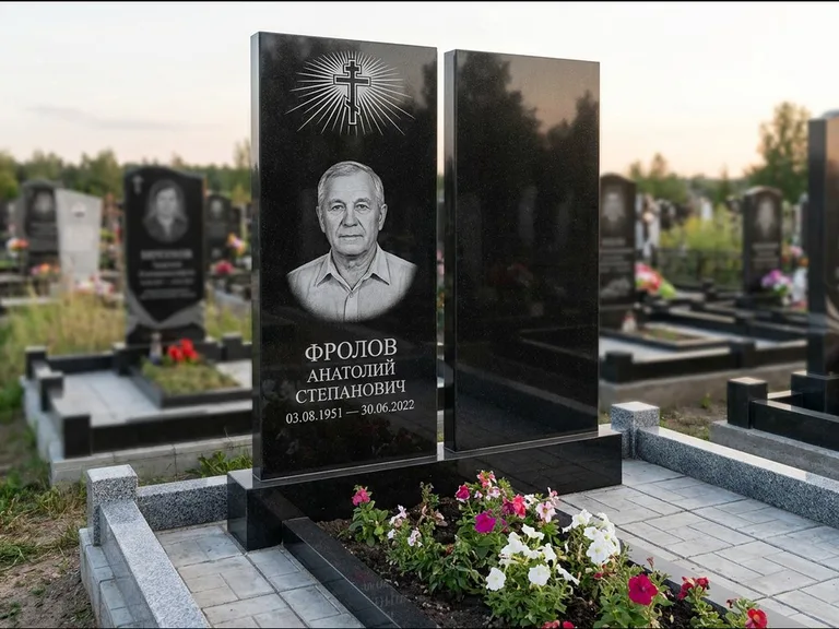 Памятник из чёрного гранита — стела на ступенчатом постаменте с золочёным крестом, работа «Богданов» в Санкт-Петербурге