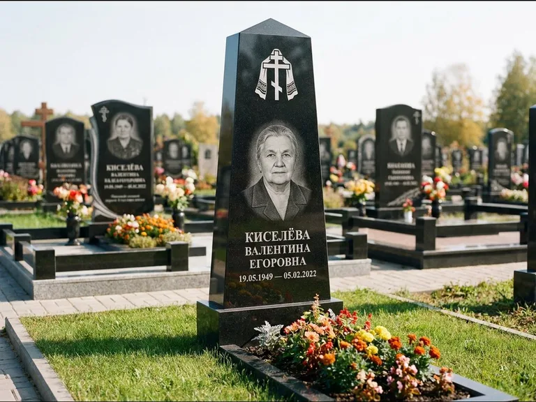 Памятник из чёрного гранита — стела со скошенным верхом с ажурным резным крестом, работа «Селезнёва» в Санкт-Петербурге