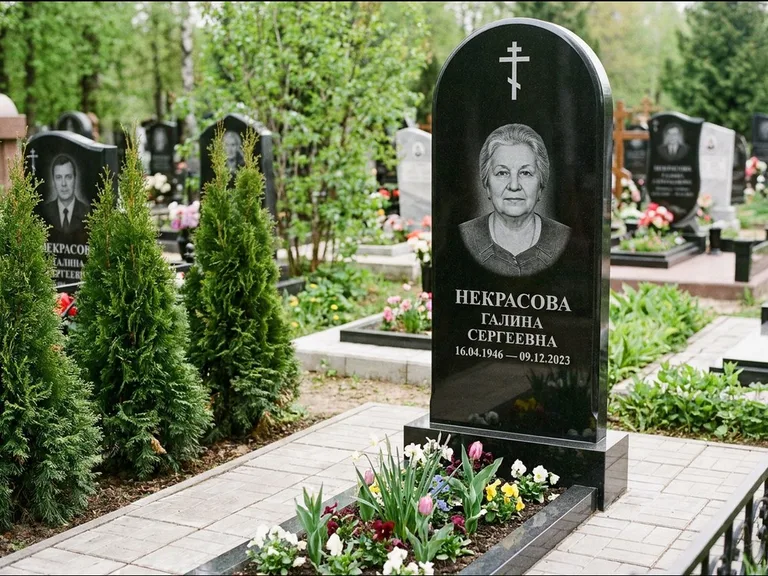Памятник из чёрного гранита — стела с цветником-плитой с латинским крестом, работа «Лаврентьева» в Санкт-Петербурге
