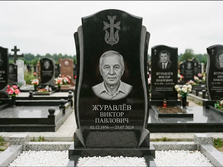 Памятник из чёрного гранита — панорамная стела с армянским хачкаром, работа «Тихонов» в Санкт-Петербурге