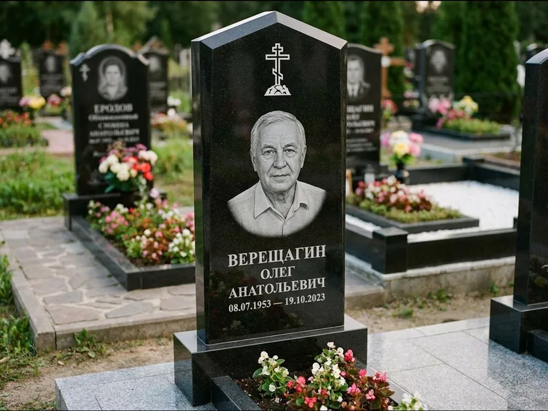 Памятник из чёрного гранита — обелиск-колонна с крестом на Голгофе, работа «Ковалёв» в Санкт-Петербурге