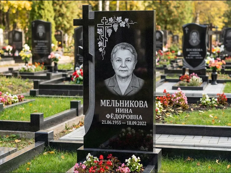 Памятник из чёрного гранита — стела с резной рамкой с крестом с распятием, работа «Некрасова» в Санкт-Петербурге